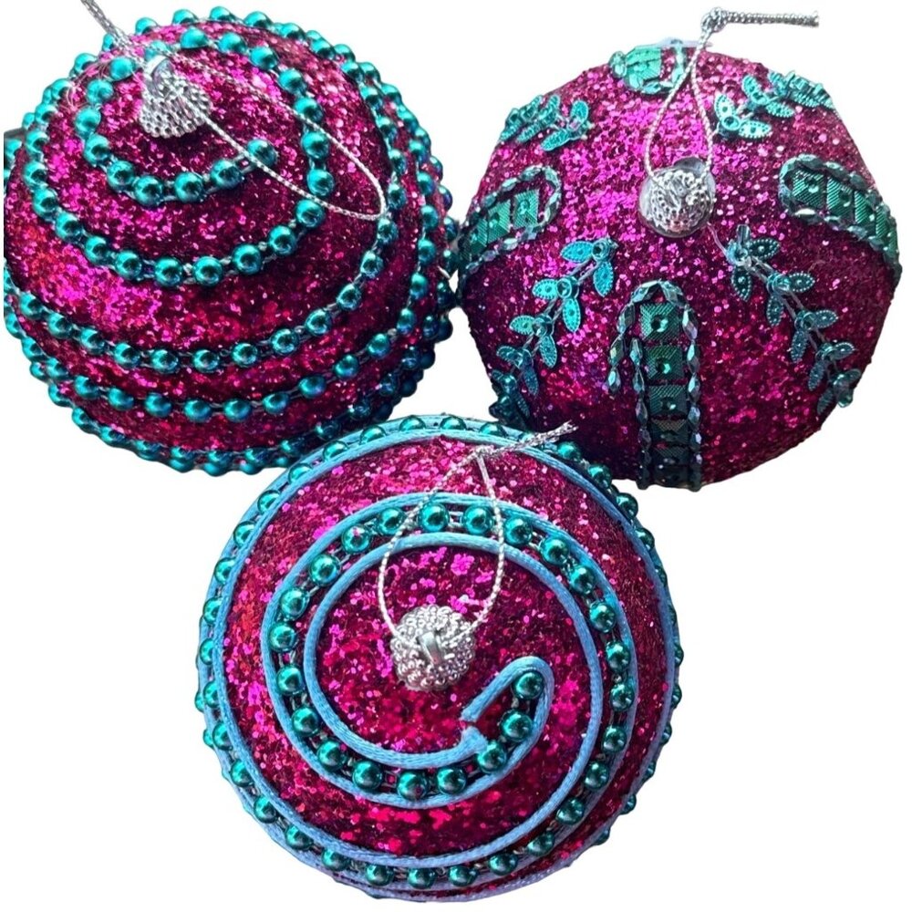 Lot of 3 Styrofoam Ball-Shaped Ornaments Teal Blue and Pink Sequins & Beads 4"